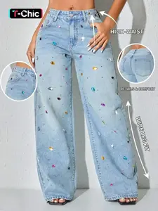 Women's New Fashion Chic Elegant Denim High Waist Wide Leg Pants, Comfortable Elastic Soft Rhinestone Craftsmanship, Trendy Casual Long Jeans for All Seasons