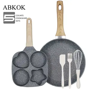 5pcs Pots and Pans Set Non Stick Kitchen Cookware Sets Induction Cookware Nonstick Granite Cooking Set with Flat Frying Pans, 4-Hole Egg Breakfast Pan Silicone Oil Brush, Egg Beater & Spatula