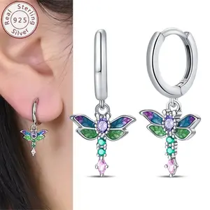 A pair of 925 sterling silver dragonfly pendant women's jewelry gift earrings