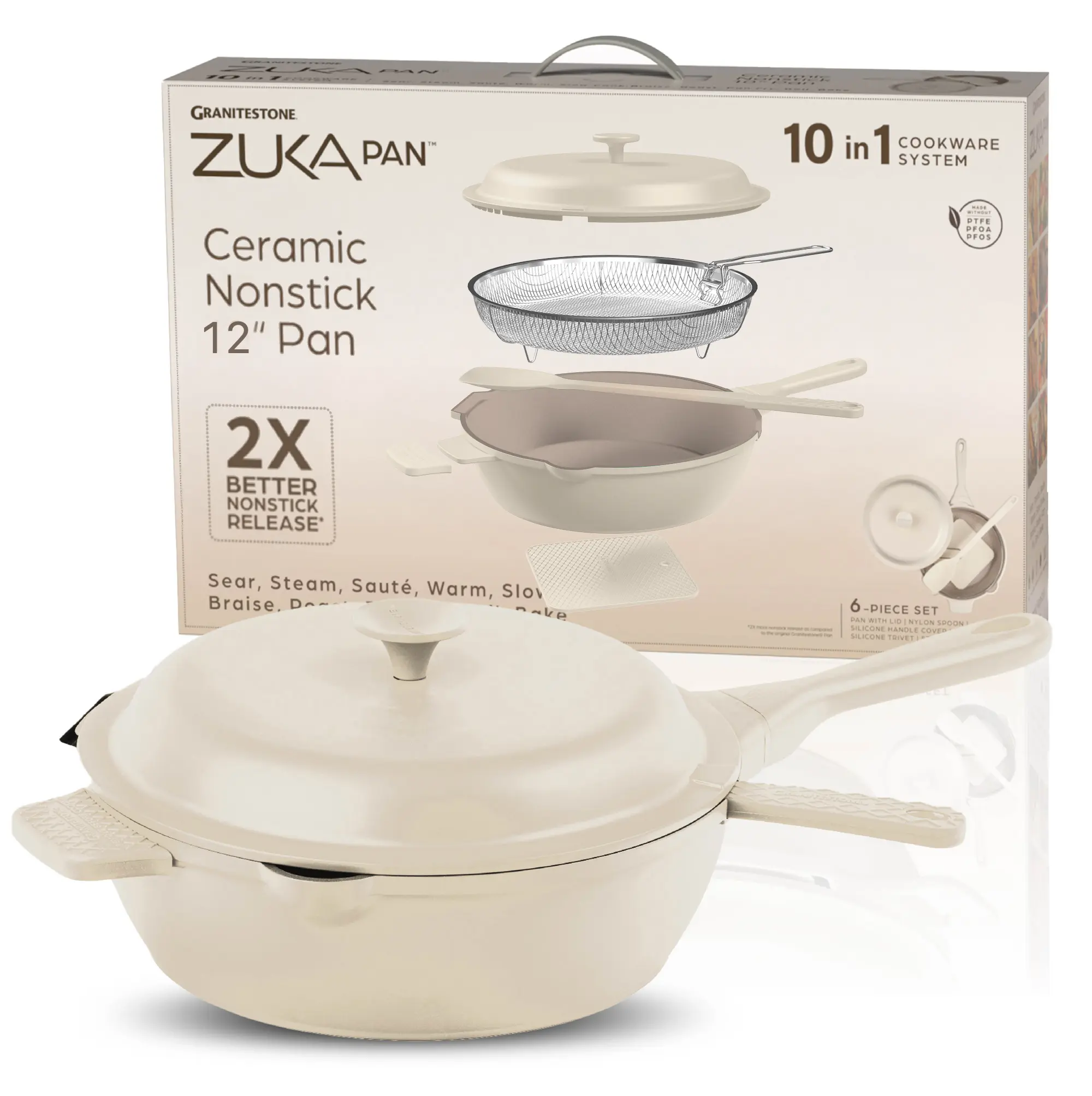 12" Zuka Pan – 6-Piece Multi-Functional Everyday Pan Set with Lid, Nylon Spoon & Steamer Basket