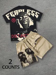 Fearless Graphic Print 2 Piece Short Set Men’s Urban Streetwear | Oversized Balaclava Tee & Khaki Drawstring Shorts Outfit | Summer Hip Hop Tracksuit Fashion for Music Festivals & Clubbing