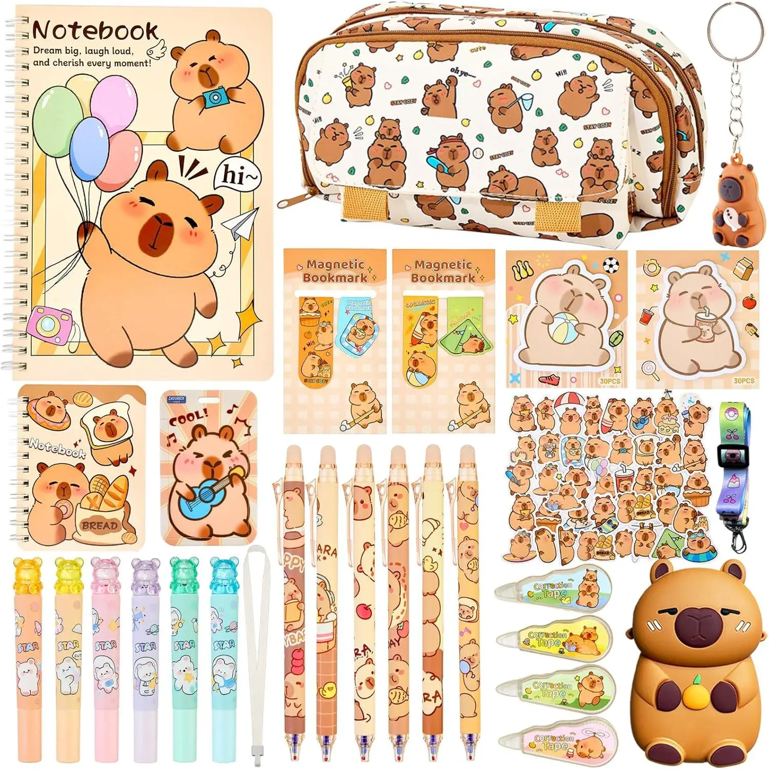 Capybara Stationery  Set for , 28 count Kawaii School Supplies Kit with Pencil Case,Notebooks,Erasable Pens,Stickers - Cute Christmas Gifts for , Girls & Boys, Easter or Birthday  Box