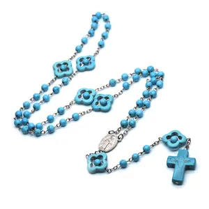 Catholic Turquoise Rosary Necklace Mary Charm Round Bead for Cross Necklaces