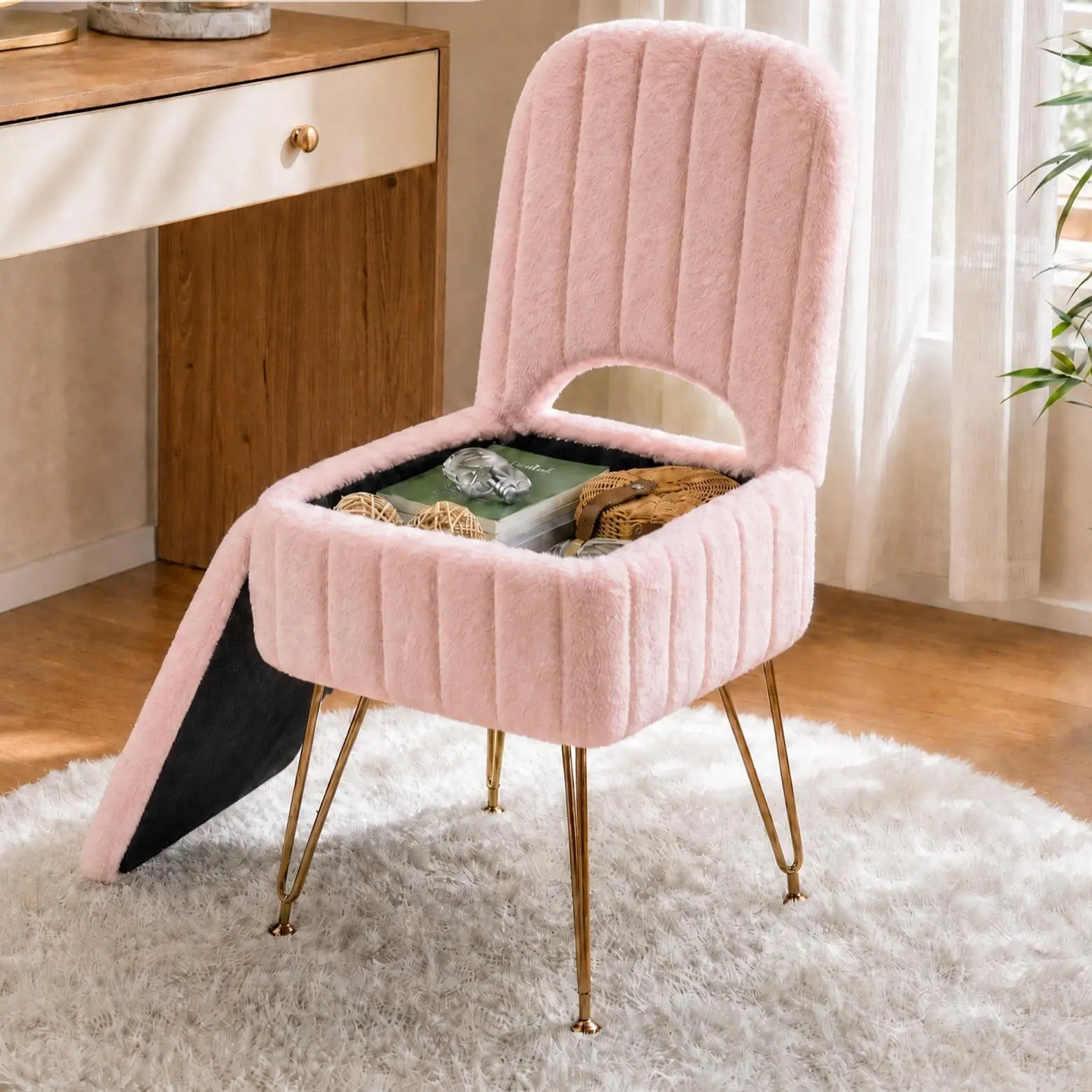 GAOMON Vanity Stool Chair with Backrest & Storage,Faux Fur,Pink,Small Size, Hidden Storage Compartment, 280 Lbs Capacity, Soft Square Ottoman, Modern Style for Bedroom or Living Room