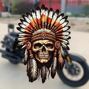 Tribal Skull Feather Headdress Sticker, Native Style Warrior Skull Vinyl Decal With Detailed Feathers, Bold Western Graphic Sticker For Laptop, Car Window, Motorcycle, Water Bottle