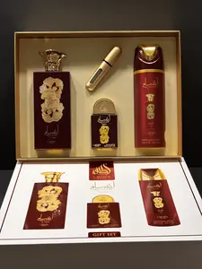 Lattafa Ansaam Gold Gift Set - 100ml Eau de Parfum, 20ml Mini Perfume, 200ml Body Deodorant, Refillable Atomizer - Sweet Floral Fruity Scent