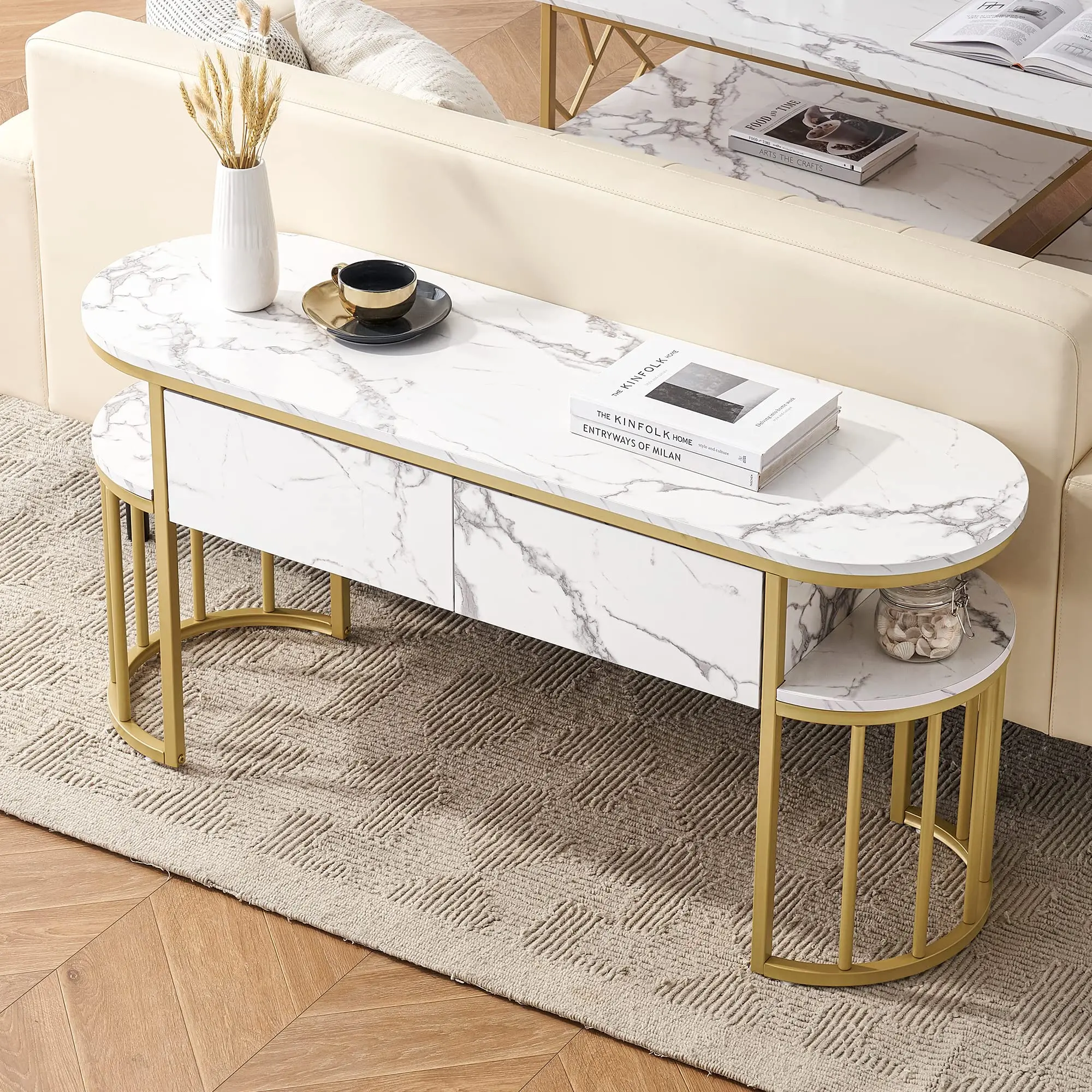 BarberPub Elegant Salon Furniture White Nail Desk, 51.2x15.7" Modern Faux Marble Top Manicure Table with Gold Metal Frame, Storage Shelves, Easy Assembly 6560, Rectangular
