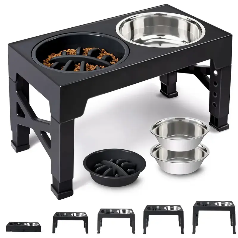 5 Adjustable Heights Elevated Dog Bowl Stand with Anti-Slip Mat, 2 Stainless Steel Bowls + 1 Slow Feeder, 3.15"-12.2" Raised Pet Feeder for Small Medium Large Dogs & Cats, Ergonomic Raised Food Water Bowl Set