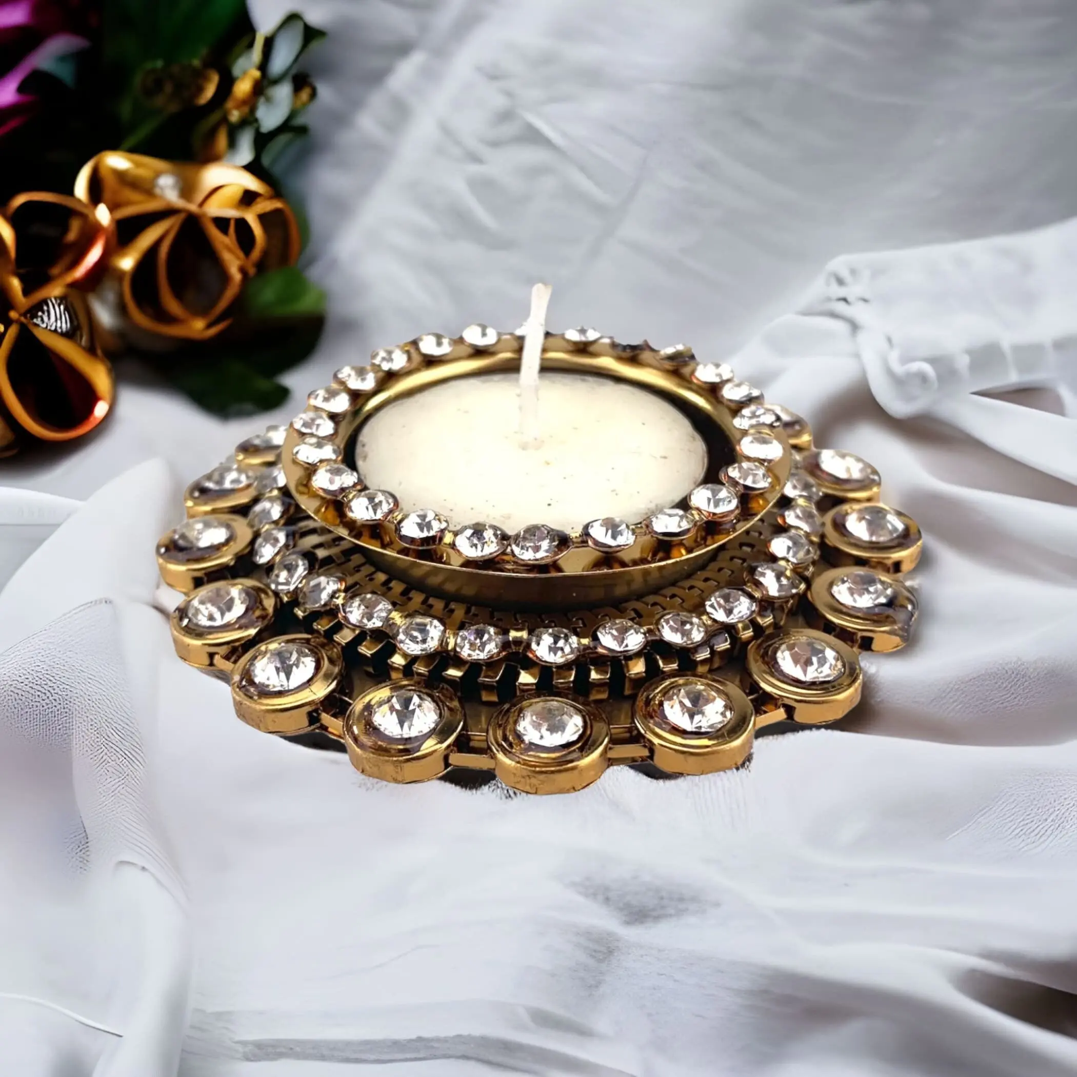 LoveNspire Handcrafted Metal Tea Light Candle Holder - Rhinestone Accents, 3.25" Dia Traditional Elegant Ornaments, Office Indoor Use Decor, Centerpiece, Wedding Gift (50-Pack, Universal Candle Stand Option)