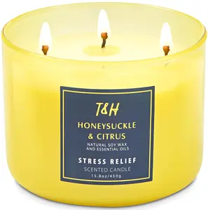 Large 3-Wick Aromatherapy Scented Candles for Home - Honeysuckle Citrus Stress Relief Candle with Grapefruit & Mint - Natural Soy Candles Clean Burning - Relaxing Candle