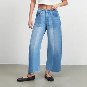 LifeShe Barrel Jeans for Women Patchwork Mid Rise Baggy Denim Pants Casual Color Block Jean Trousers with Pockets