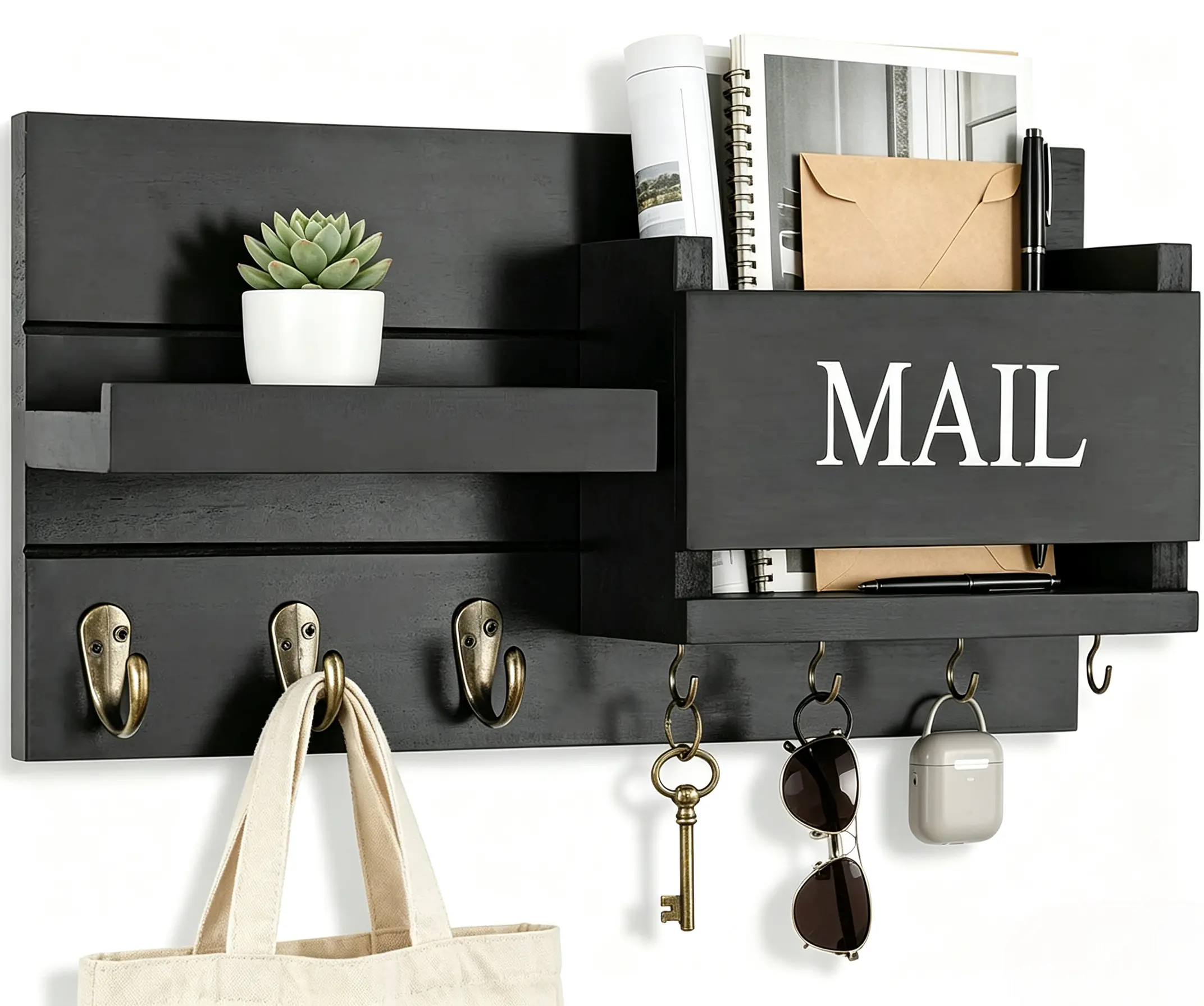 Wall Mount Mail Organizer Key Holder, Rustic Wood Letter Sorter with Hooks & Shelf, Farmhouse Hallway Wall Decor