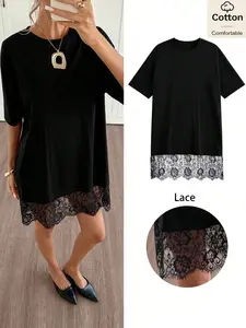 Women's Midi Dress with Patchwork Hem, Loose-Fit Batwing Short Sleeve Top, Comfortable and Versatile Lace Dress, Casual Wear, Womenswear, Casual Style, Summer