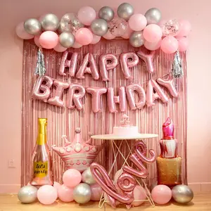 Pink Birthday Decorations For Women Girls，Pink Fringe Curtain，Happy Birthday Banner，Happy Birthday Balloons，Happy Birthday Balloon Letters.