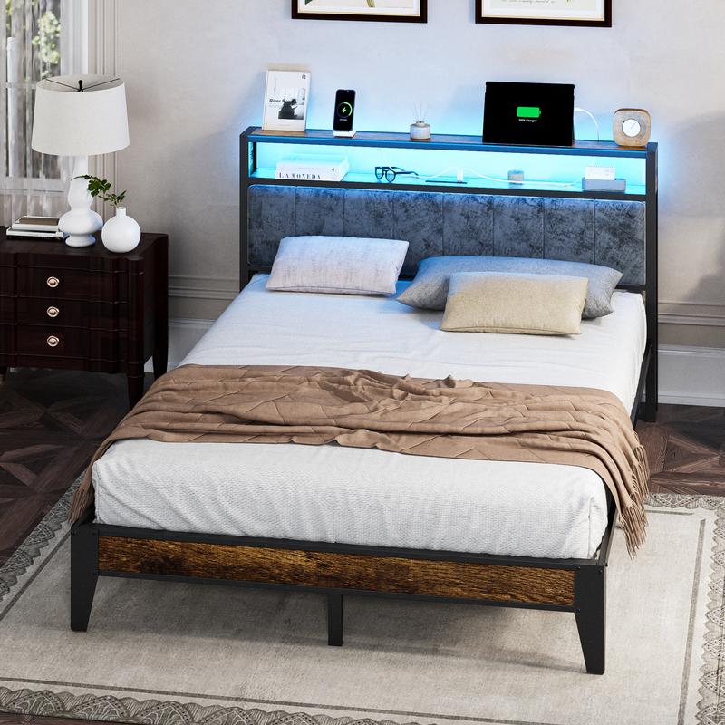 DAYAGO Twin/Full/Queen/King Bed Frame Metal Platform Bed with Headboard, 2-Tier Storage and LED Light, Charging Station Type C & USB Ports, No Box Spring Needed gamer  bed