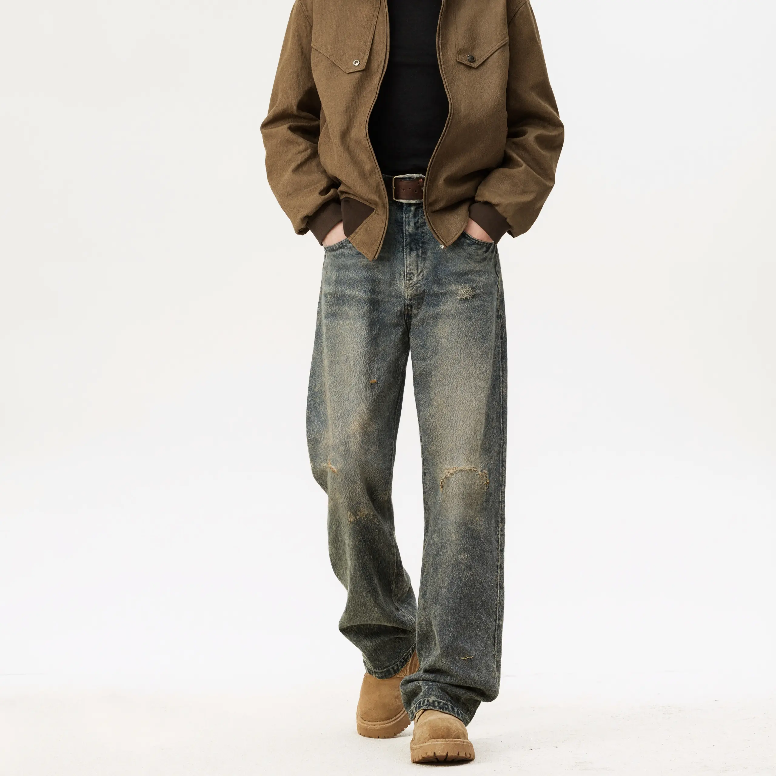 Men's Denim Jeans - Vintage Dirty Wash Wide-Leg 90s Hip-Hop Flare Pants, Loose-Fitting Heavyweight Distressed Cotton Workwear, Chunky Cropped Grunge Streetwear with Pockets, Denim Men's Jeans, Flares Men's Jeans