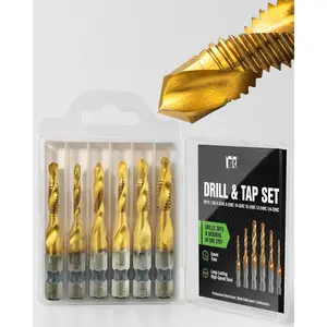Combination Drill Tap Bit Set, 6-Pcs HSS Titanium-Coated SAE 3-in-1 Bits for Drilling, Tapping & Countersinking, 1/4" Hex Shank for Metal, Plastic, Copper &
