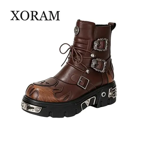 XORAM Men's Edgy Skull Platform Biker Punk Boots - EVA Chunky Sole, PU Leather, No Excess Bulk, Trendy High-Top Streetwear Footwear 561220-J, Chunky Heel, Platform Heel, Synthetic Leather, Chunky Sole Design