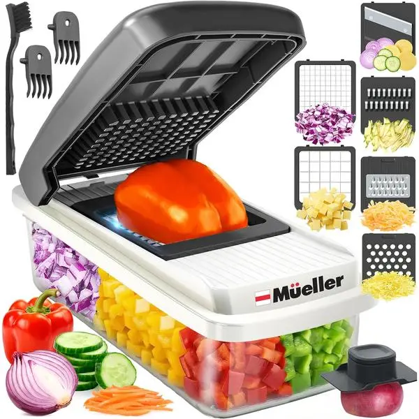 Mueller Vegetable Chopper Mandoline Slicer, Food Veggie Chopper | Cheese Grater, Onion Vegetable Cutter with Container, Dicer, Kitchen Gadgets & Essentials, White Sand/Grey