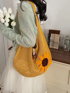 Korean Lazy Style Knitted Tote Bag for Women, Summer New Large Capacity Hollow Out Fashion Shoulder Bag, Beach Vacation Sandbag