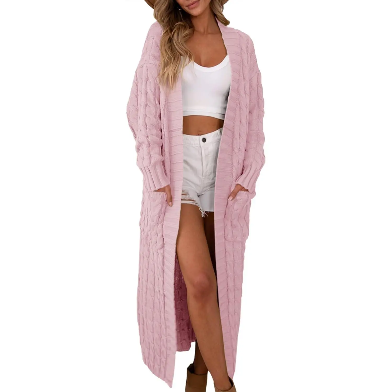 Fessceruna Womens Open Front Long Cardigan Oversized Long Sleeve Loose Cable Knit Chunky Fall Sweater Coat with Pockets
