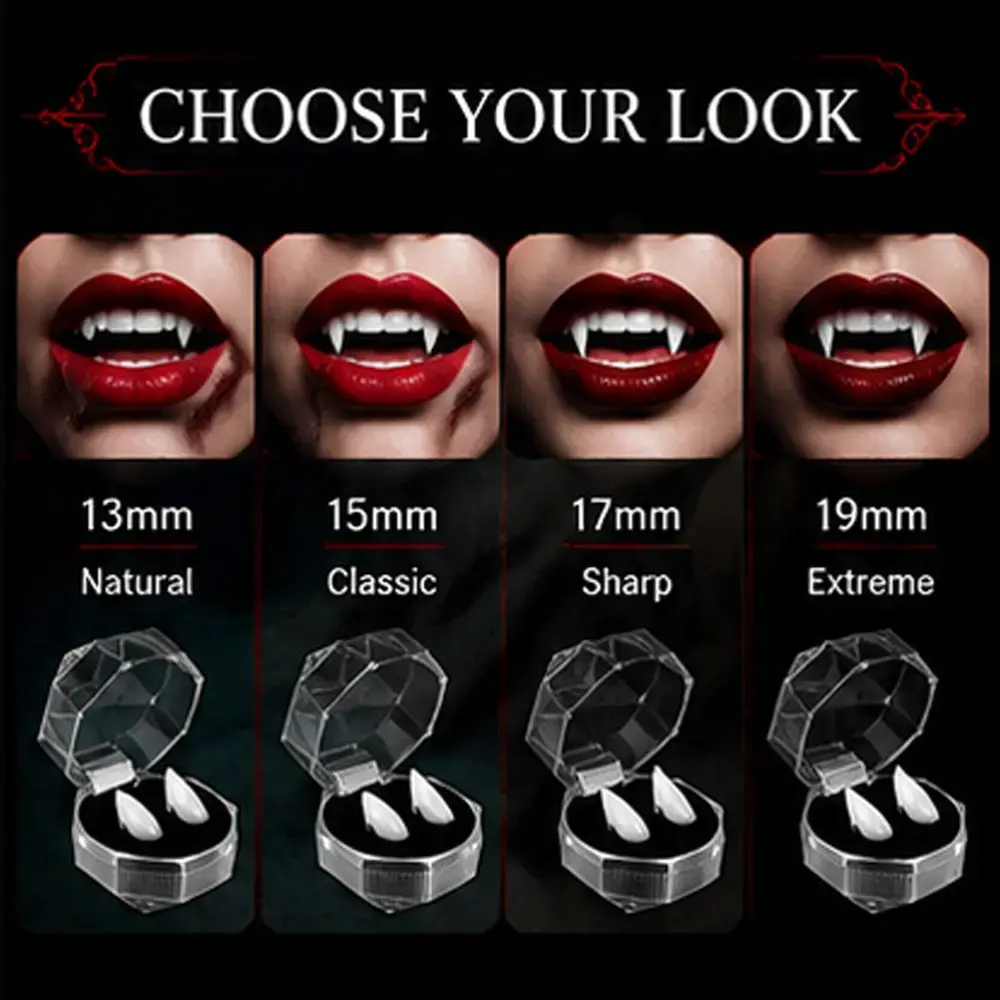 Creepy Reusable Vampire Fangs Denture Set 4 Pairs Multi-Size Resin Props with Clean Sticking Adhesives Edgy Elegant Gothic Accessories for Adults Halloween Party Supplies Cosplay Costume Oral Care Item Fangs for Halloween