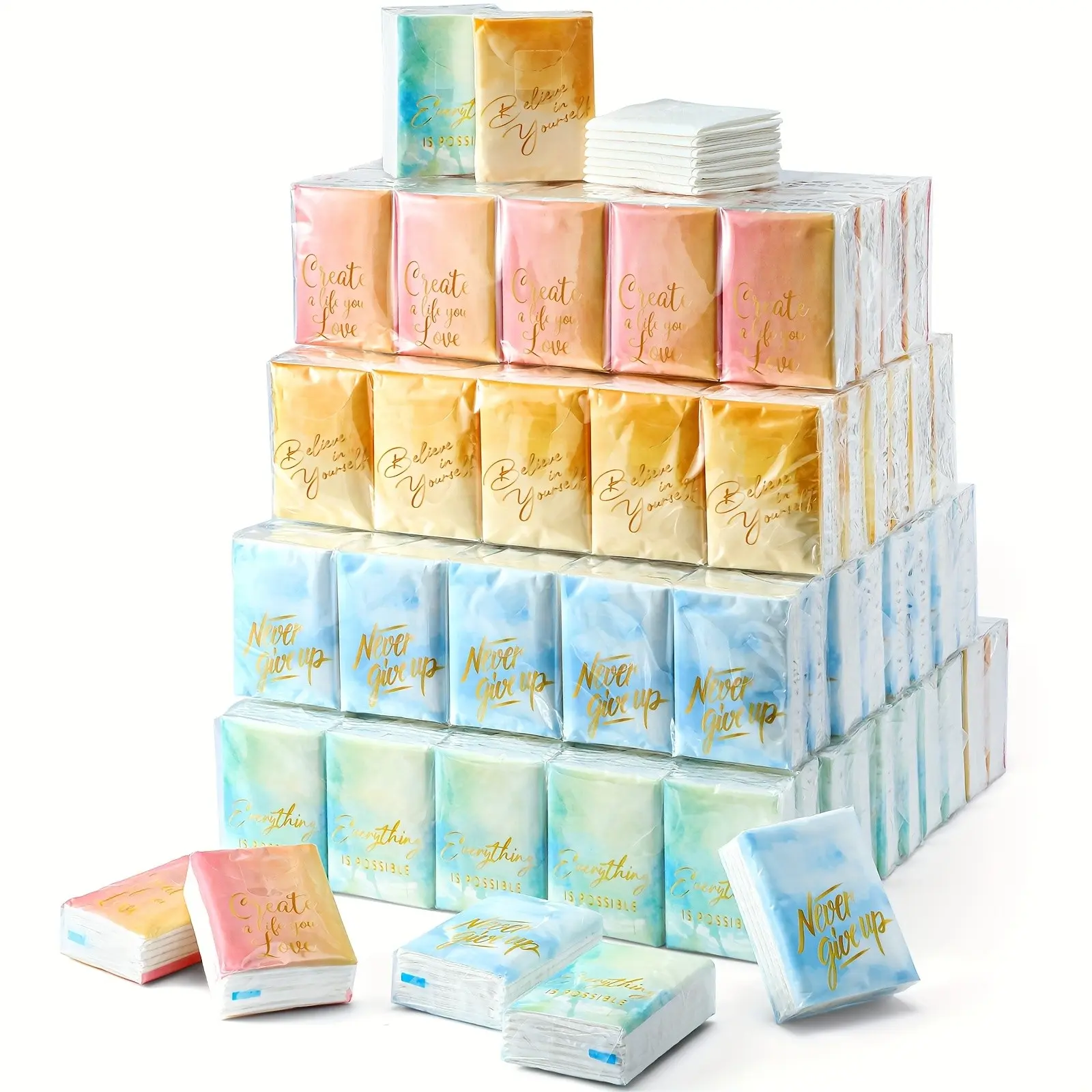 200 Packs Bulk Mini Travel Size Pocket Tissues - Individually Wrapped Facial Tissues with Watercolor Designs & Inspirational Papers, 3-Ply for on-the-Go Hygiene - Compact for Family, Office, Wedding, Party (Portable Mini Tissue Packs)