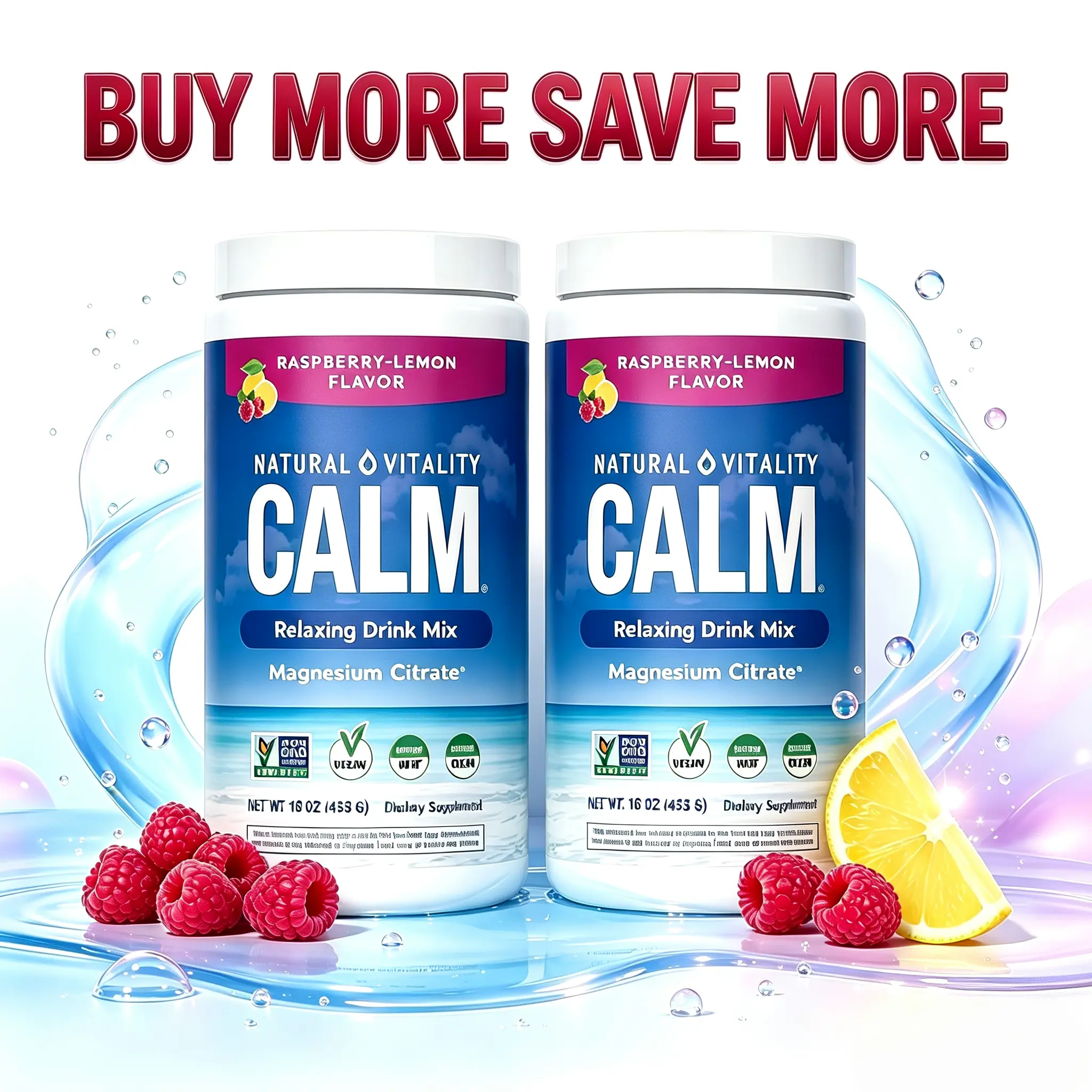 [BUY MORE SAVE MORE]Natural Vitality Calm Magnesium 16oz Powder | Raspberry Lemon Flavored Supplement | Non-GMO, Vegan & Gluten Free Formula