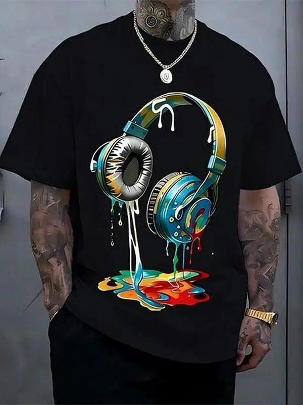 Men's Printed Short-Sleeve T-Shirt - Menswear Male Streetwear Staple, Digital Print, Anti-Pilling Treatment, Loose-Fitting for Music Enthusiasts, Casual Street Style Graphics Apparel, Check Size Guide
