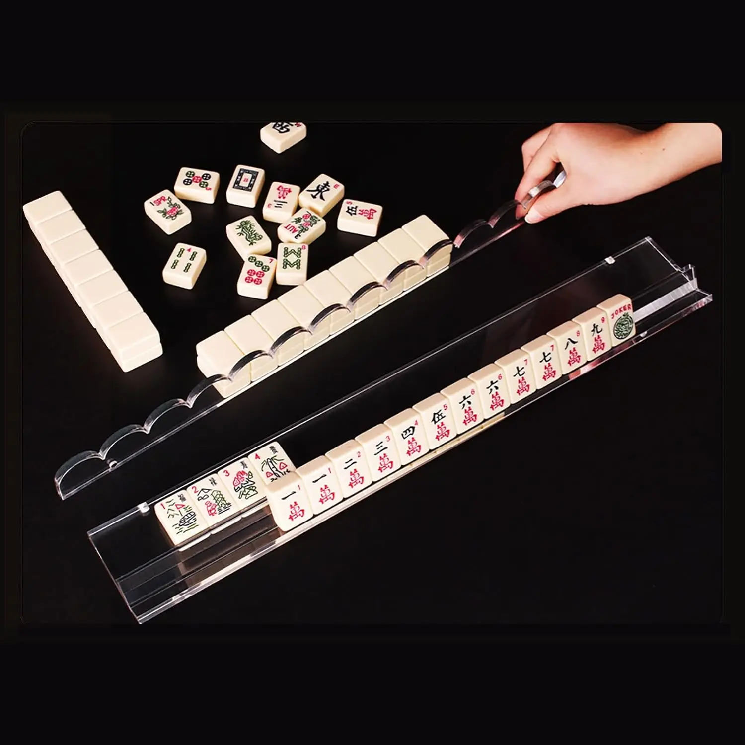 4PCS Acrylic American Mahjong Racks with Wave Pushers, Mahjong Lover,Upgraded Sturdy & Convenient Mahjong Stand Holder Combo with Separate Pushers, Wave Pusher