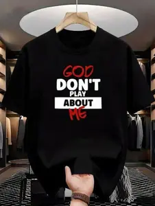 ‘GOD DON’T PLAY ABOUT ME’ Bold Statement Tee - Red & White Color Block Typography in Black & White Crewneck