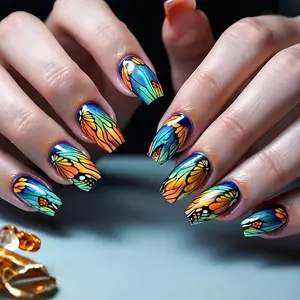 Medium-Length 24pcs Glossy Finish Multi-Color Striped Detachable False Nails, Butterfly Wing Design, Easy Daily Use, Party, Vacation, Travel, Summer Nails