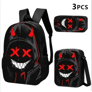 1-Piece / 2-Piece / 3-Piece Set: Backpack, Shoulder Bag, & Organizer Pouch | Cool "Demon" Theme 2D Print (Red & Black Color Scheme)—An Ideal Choice for Urban Youth for Commuting, Travel, and Daily Use.