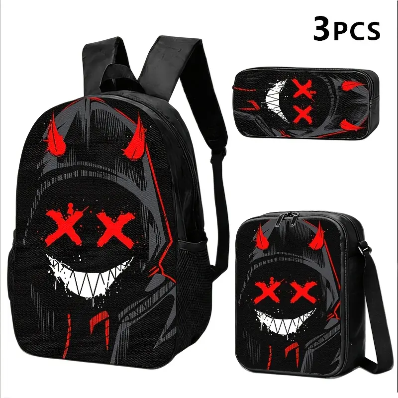 3-Piece Compact Demon Print Gym Bag Set - Backpack, Shoulder Bag, Organizer Pouch, Cool Theme Red & Black 2D Print, Ideal for Urban Youth Daily Travel & Commuting, Compact Set