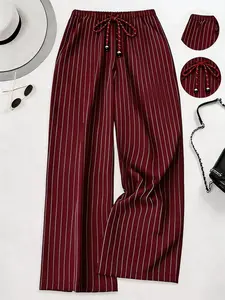Plus Size Women Striped Adjustable Elastic Waist Drawstring Pockets Casual Straight Leg Long Pants, All Seasons Elegant Office Home Wear, Casual Work Pants