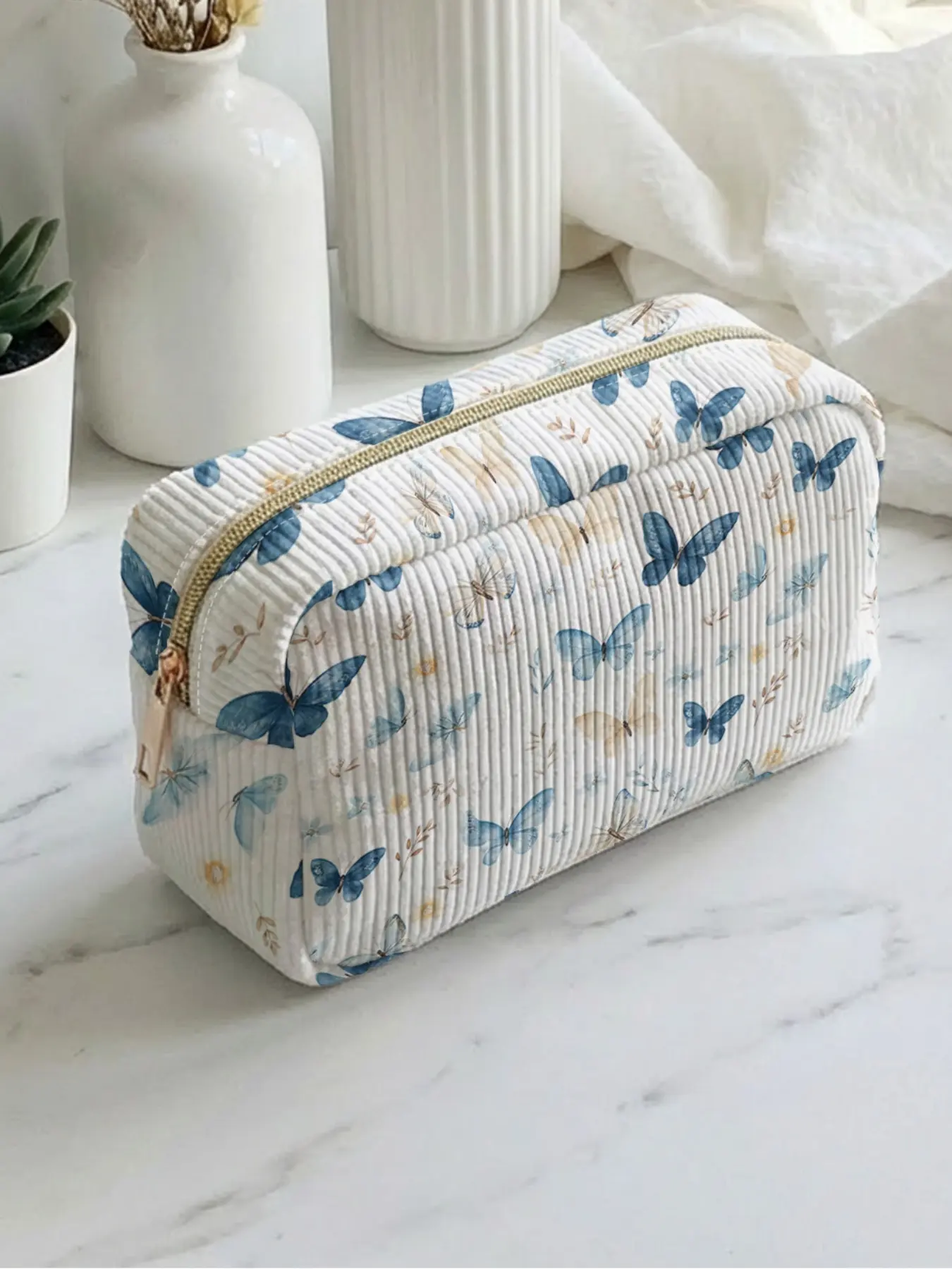 1 piece of blue butterfly floral pattern 2D printed makeup bag, large capacity design|suitable for all seasons/general use|can hold daily skincare and various cosmetics|perfect for life and travel, Portable Makeup Pouch