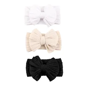 L-HDW049 Baby Bows Headbands Nylon Hairbands Baby Girl Bows Hair Accessories for Infant Toddler Essentials(Black White Beige, mid)