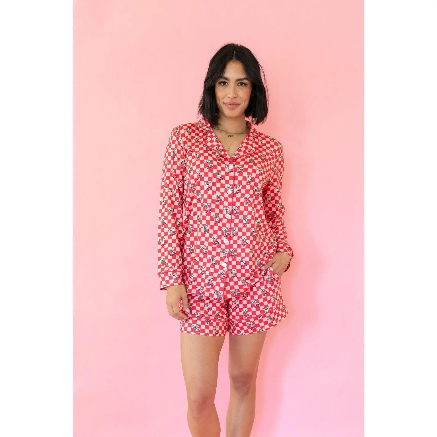 CHERRY CHECKER | WOMEN'S LONG SLEEVE SHORTS SET