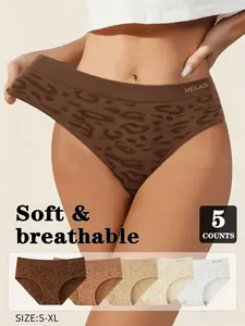 5-Pack Women's Elegant Seamless Leopard Print Panties Ultra Soft, Smooth & Breathable Low-Waist Fit Briefs Comfort Cotton Crotch Underwear