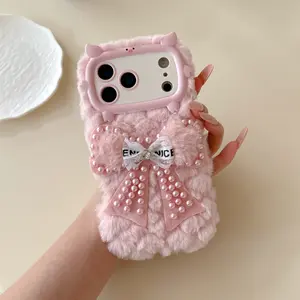 Pink Fur Pearl Bow Case For iPhone 14/15/16/17 Full Series | Pearl Decor + Full Fur Cover | Soft & Shockproof Protection | Fall-Winter Princess Vibe Outing Style Accessories