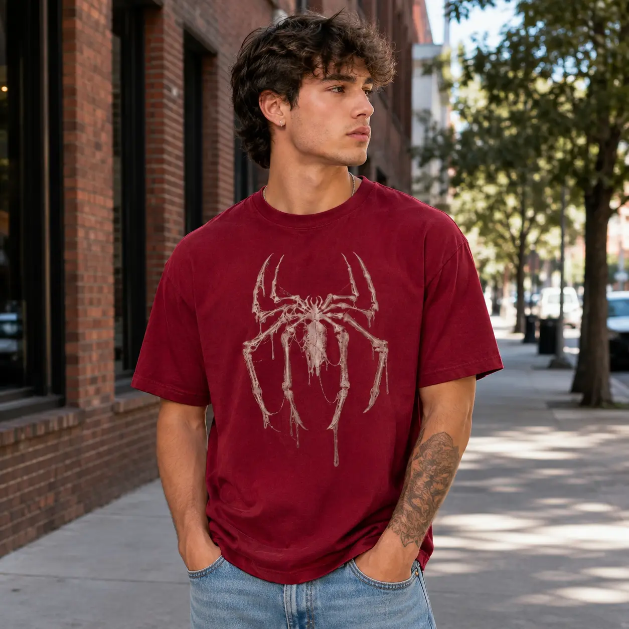 Unisex Bone Spider Graphic T-Shirt, Gothic Y2K Streetwear Crew Neck Short Sleeve Tee, Vintage-Inspired Alternative Grunge Top for Men and Women, Casual Summer Outfit, Halloween Party Wear and Gift Menswear