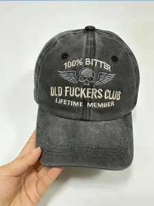 1pc black old baseball cap -Old Fucker'sClub skull embroidery, adjustable Snapback motorcycle hat with the same style for men and women, outdoor sun protection leisure cap, suitable for spring and autumn travel and beach vacation.