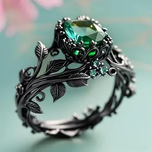 Black Retro Ring for Woman,Creative Design of Vine Leaves Inlaid with Green Zircon, Perfect for Daily Wear, Gift Giving