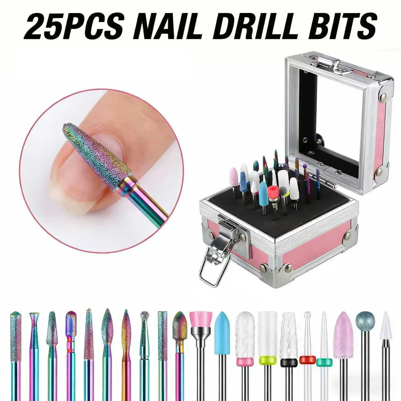 Nail polishing head set made of tungsten steel and ceramic; professional nail removal, polishing, and engraving/grinding; suitable for crystal gel nails; includes storage box