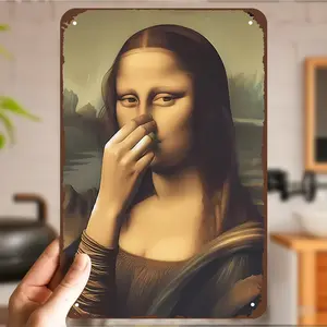 8x12" Metal 2D Flat Funny Mona Lisa Parody Wall Art – Retro Humorous Decor with Autumn Leaf Accent, Easy-Hang Wall Sign for Bathroom, Bedroom, Living Room, Holiday Gift & Seasonal Decoration
