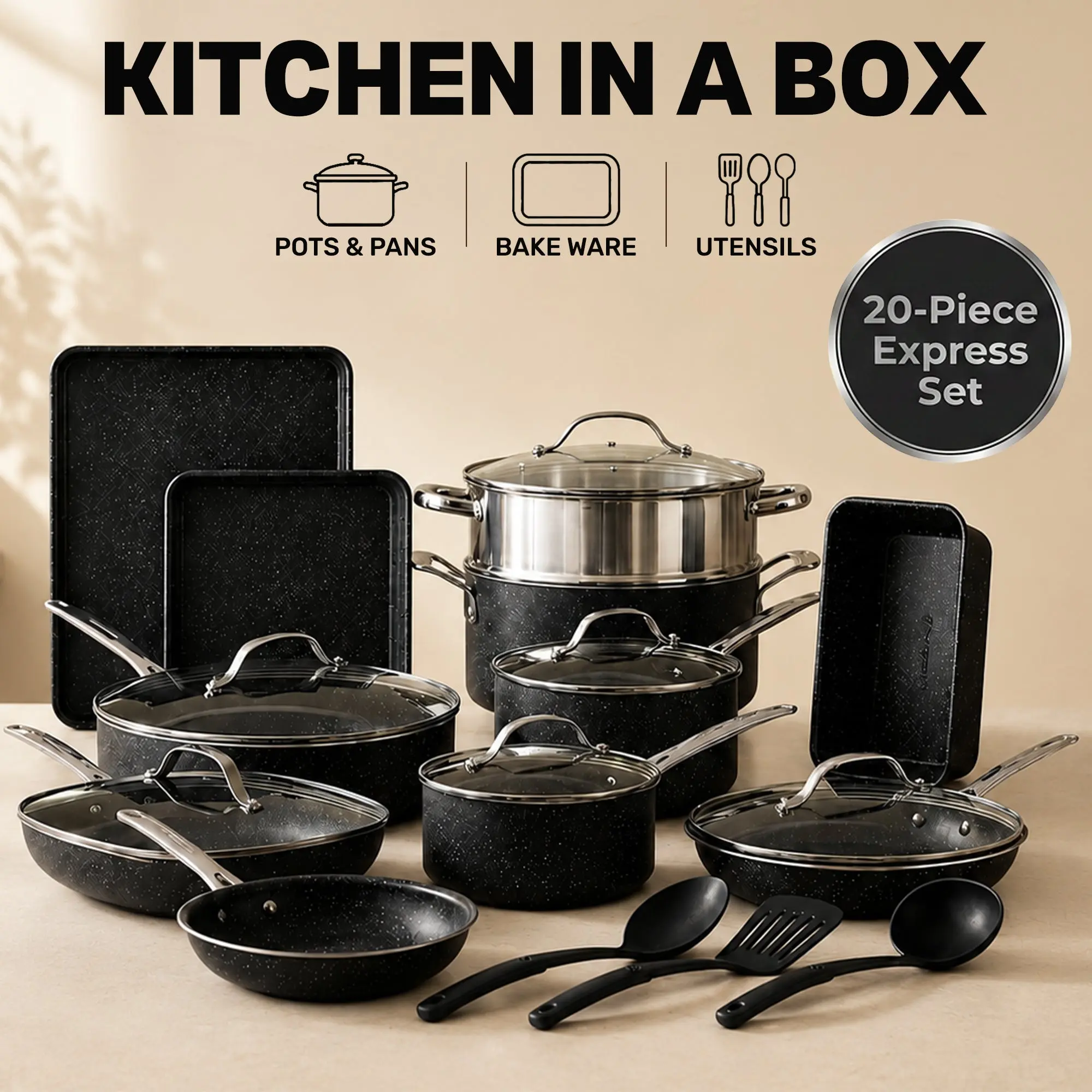 20-Piece EXPRESS SET, Nonstick Pots and Pan Set, Bakeware, Utensils, Frying Pan, Stock Pot, Steamer, Stainless Steel Handles pans 20-Piece EXPRESS SET, Nonstick Pots and Pan Set, Bakeware, Utensils, Frying Pan, Stock Pot, Steamer, Stainless Steel Handles pans
