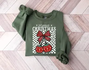 Checkered Christmas Cherries Sweatshirt, Girly Holiday Shirt, Coquette Merry Christmas Hoodie, Cute Holly Jolly Sweater