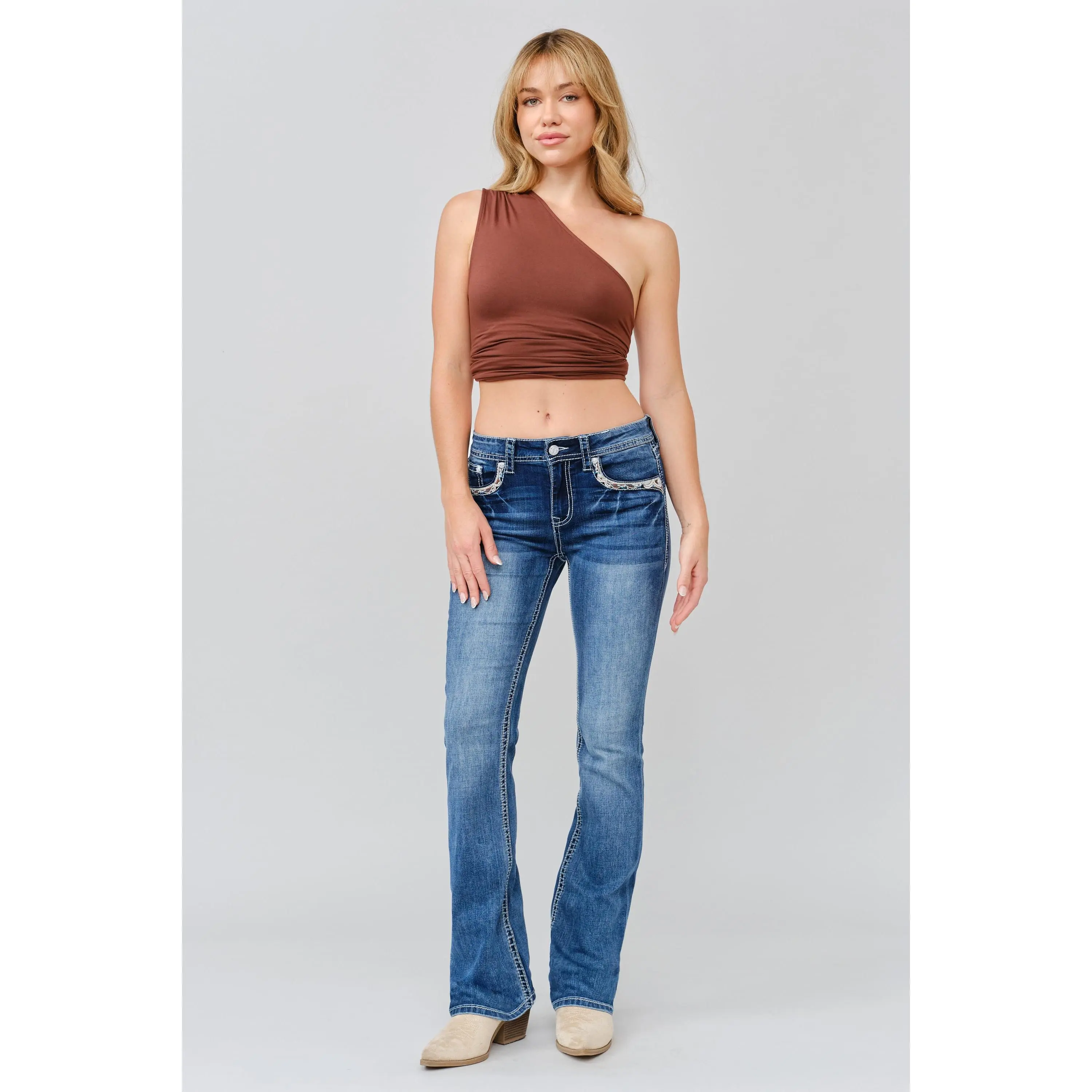 Aztec Scrollwork Applique Bootcut Jeans Women Mid Rise Crystal Turquoise Western Denim