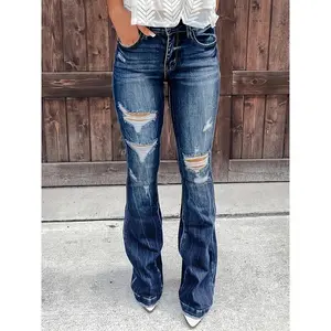 Blue high-waisted ripped jeans, washed embossed crotch bell-bottom pants, women’s jeans and clothing