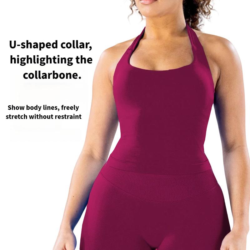 Seamless Halter Neck Yoga Set  Open Back Anti-Exposure Sports Bra, Body Shaping Workout Crop Top For Women